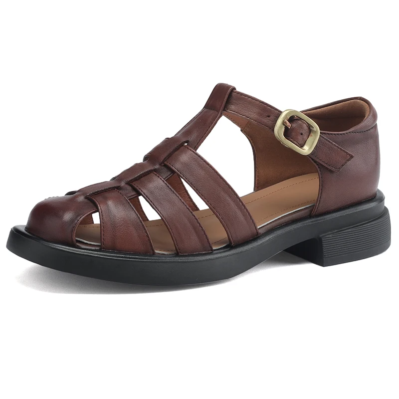 

Genuine Leather Retro Mid Heels Sandals Summer New 2023 Closed Toe Hollow Sandal Ladies Beige Brown Black T-Strap Party Shoes