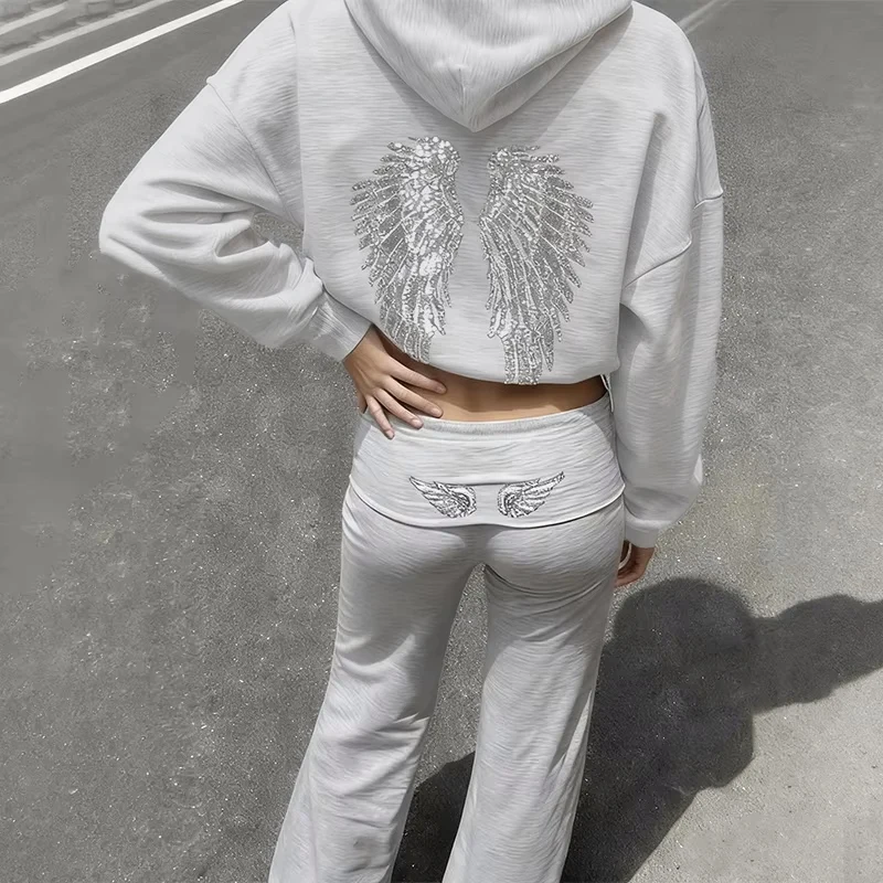 ชุดเซ็ตเสื้อฮู้ดลายปีกวินเทจ กางเกงขายาว ซิปหน้า สตรีทแฟชั่น
