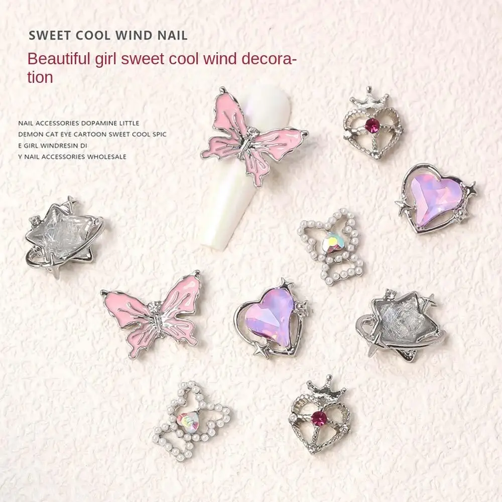 

5Pcs/set Aurora Heart Nail Rhinestones Metal Nail Art Charms Y2K Butterfly Nail Decorations Alloy Manicurist Supplies