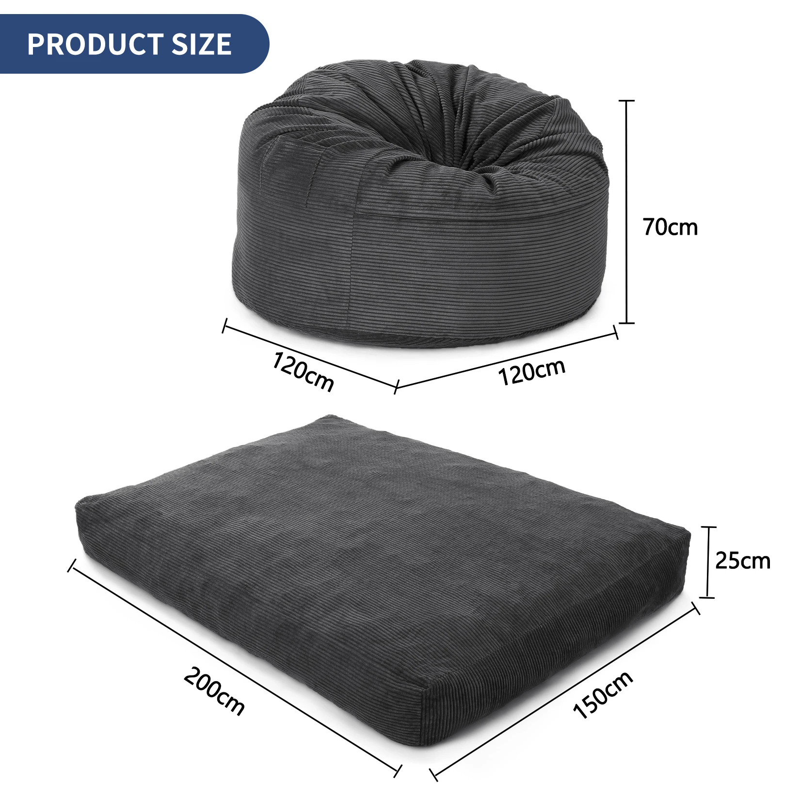 Riesiger Cord-Sitzsack für Erwachsene, 2-in-1 Konvertierbares Bodensofa zu Matratze mit Abnehmbarem Waschbarem Bezug – Detail 14