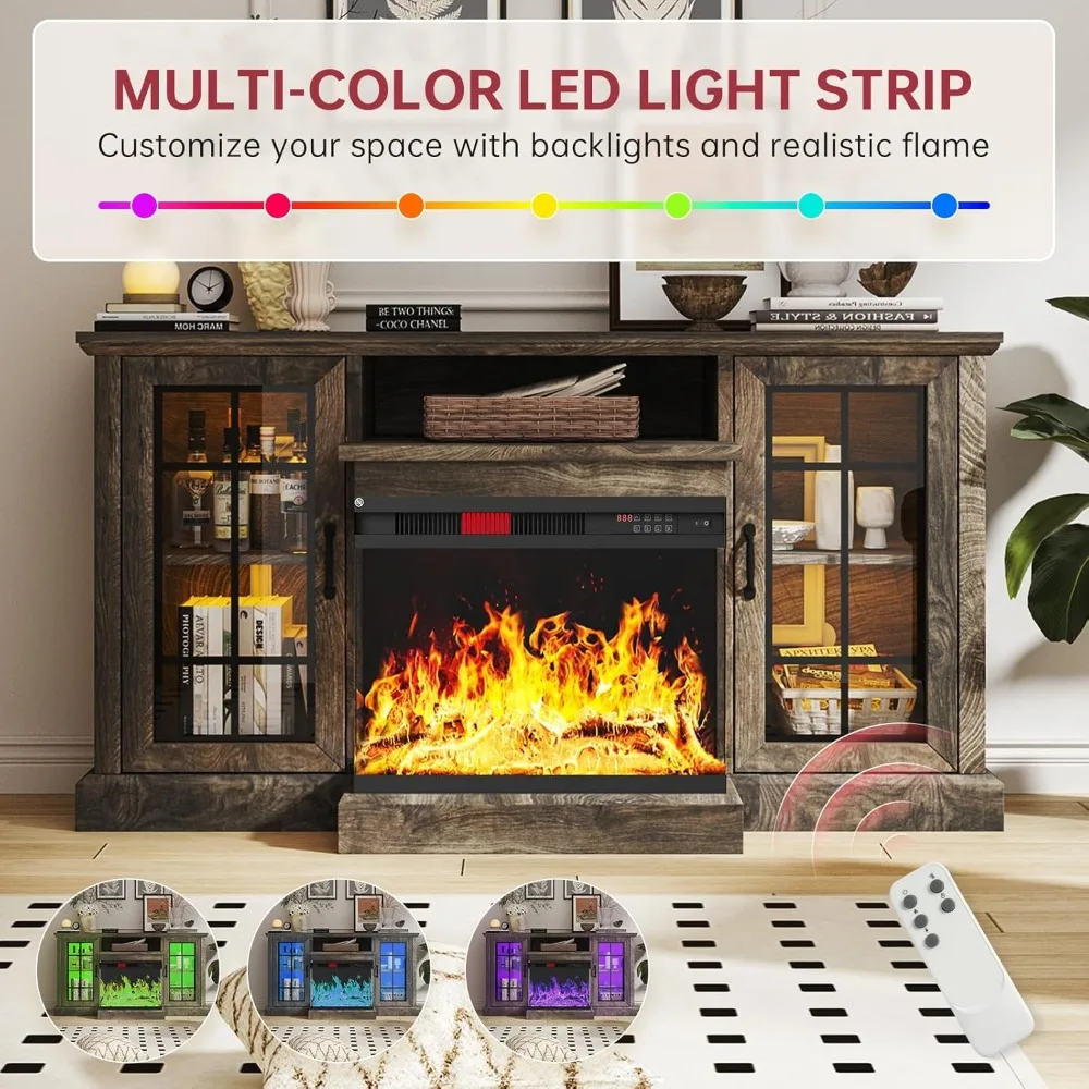 59'' Fireplace TV Stand, 3 Sided Glass Media Entertainment Center Console Table Glass Door Adjustable Flame LED Color, TV Stand 3
