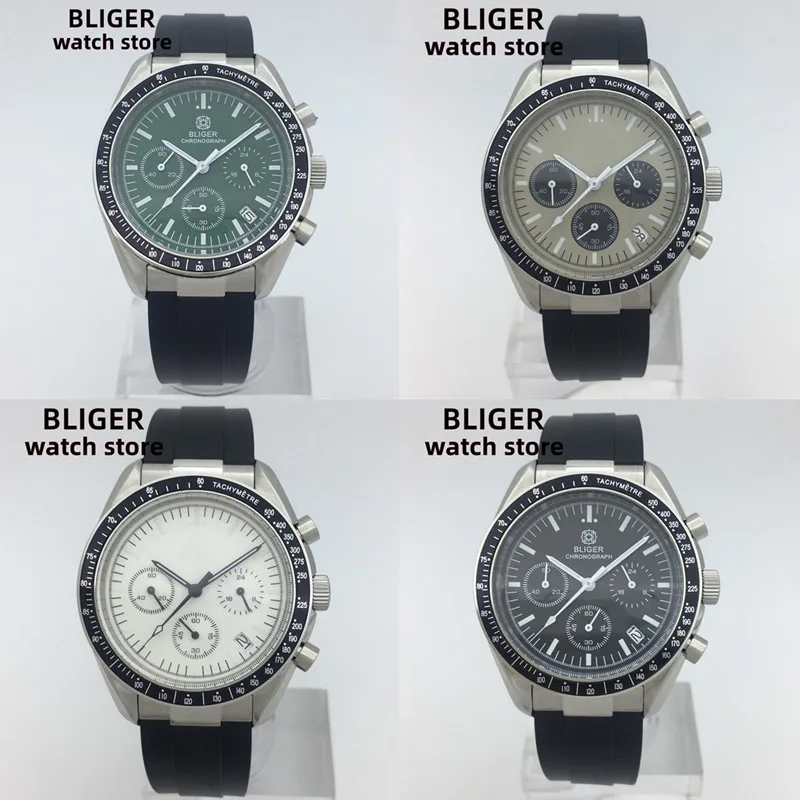 BLIGER 40mm Fashion quartz chronograph Men's watch Sapphire Glass VK63 Movement Calendar Green White black dial rubber bracelet