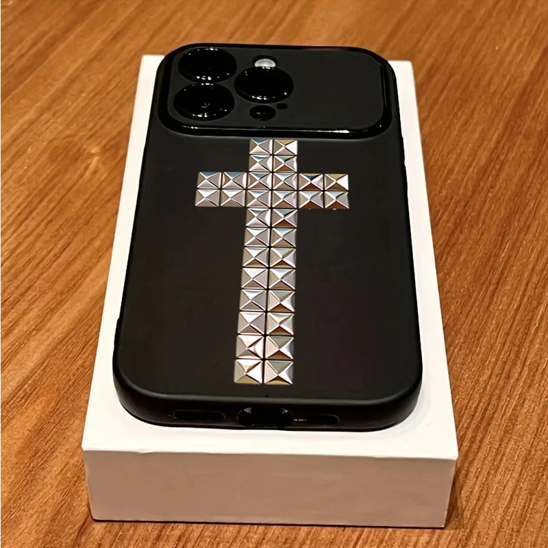 Rivet Cross Shockproof Black Matte Phone Case with Large Window