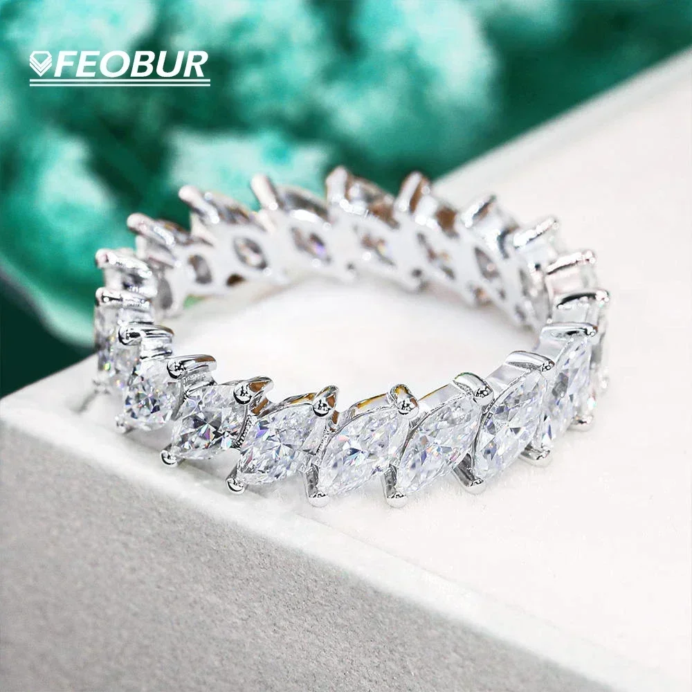 3*6mm Marquise Cut Full Moissanite Eternity Rings for Women Men 925 Sterling Silver Engagement Wedding Band with Certificate