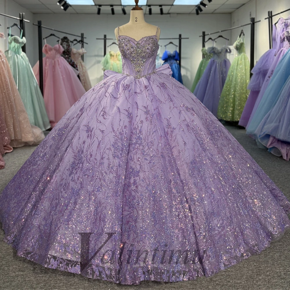 fitted lace wedding dress Purple Ball Gown Spaghetti Straps Satin Sweet 16 Dress With Pocket, Qu –  Anna PromDress main image 1