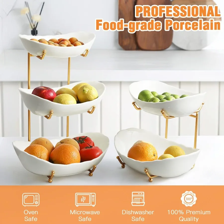 Ceramic Fruit Bowl for Kitchen Counter 3 Tier Fruit Basket with Metal Stand Tiered Fruit Stand for Countertop Snack Nuts Cake D