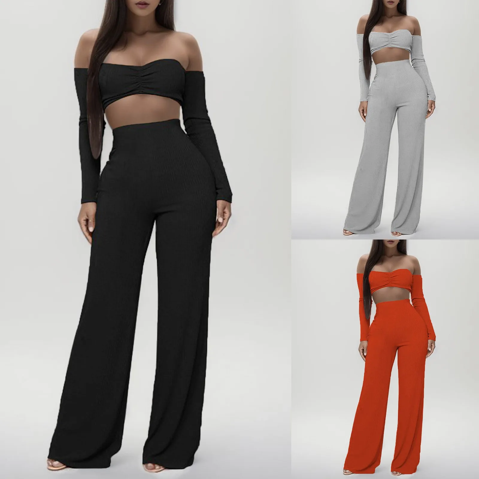 

Women Sexy 2 Piece Outfits Rib Knitted Sets Long Sleeve Off Shoulder Crop Bodycon Top And Wide Leg Long Pants Solid Color Suit