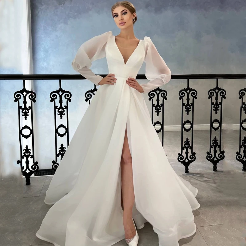 Elegant Chic A-line V-neck Wedding Dresses Long Sleeves Split Front
