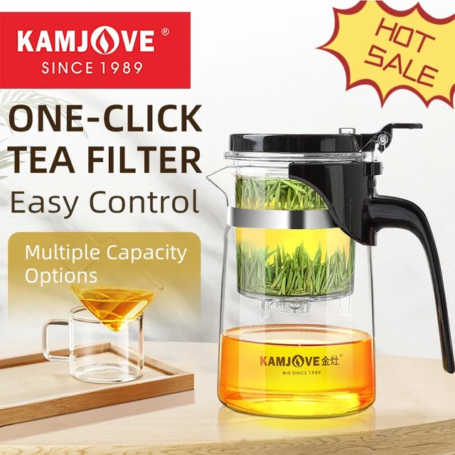 KAMJOVE théière infuseur verre service à thé un bouton filtrage thé séparation bouilloire thé cafetière presse AUTO-OUVERT Art tasse à thé 1