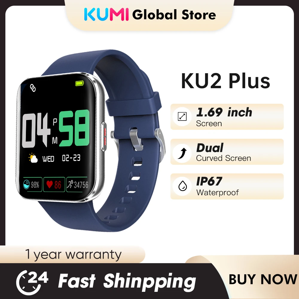 

KUMI KU2 Plus Smart Watch 1.69inch 2.5D Smartwatch Fitness Heart Rate Monitor Watch for men Woman Blood Oxygen IP67 For Android