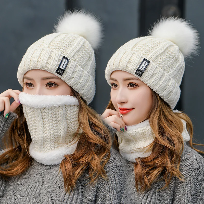 rygai 2Pcs/Set English Logo Ear Protection Hat Scarf Set Autumn Winter  Women Knitted Beanie Pushing Lining Neckerchief Set Grey