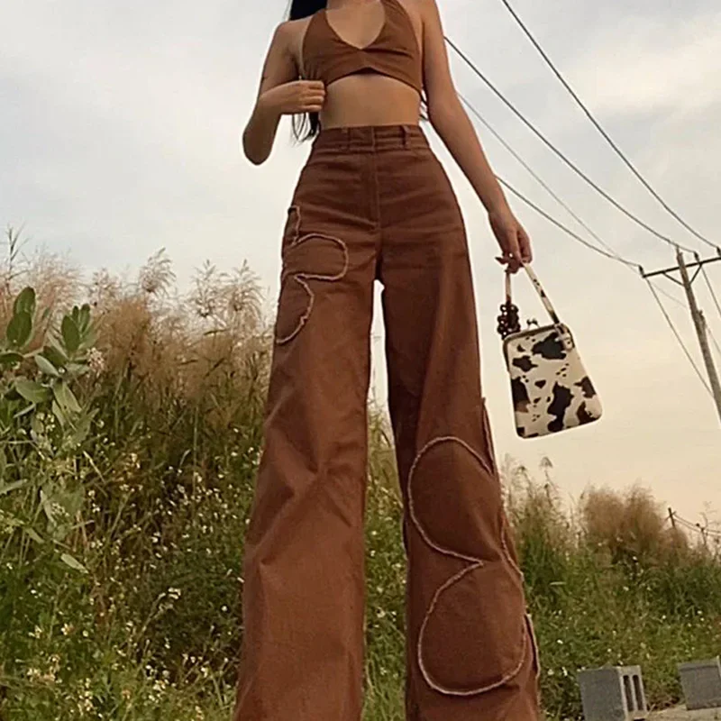 Aesthetic Baggy Jeans Women Brown Vintage 90s Loose Long Pants Flower High Waist Ladies Straight Denim Trousers Streetwear 2021