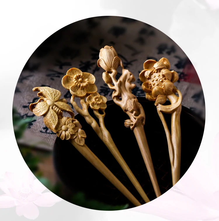 

16cm Wood Hair Stick Statue Hairpin Boxwood Chinese Ancient Rhyme Hair Plum Headdress Lucky Chinese Flower Hair Stick