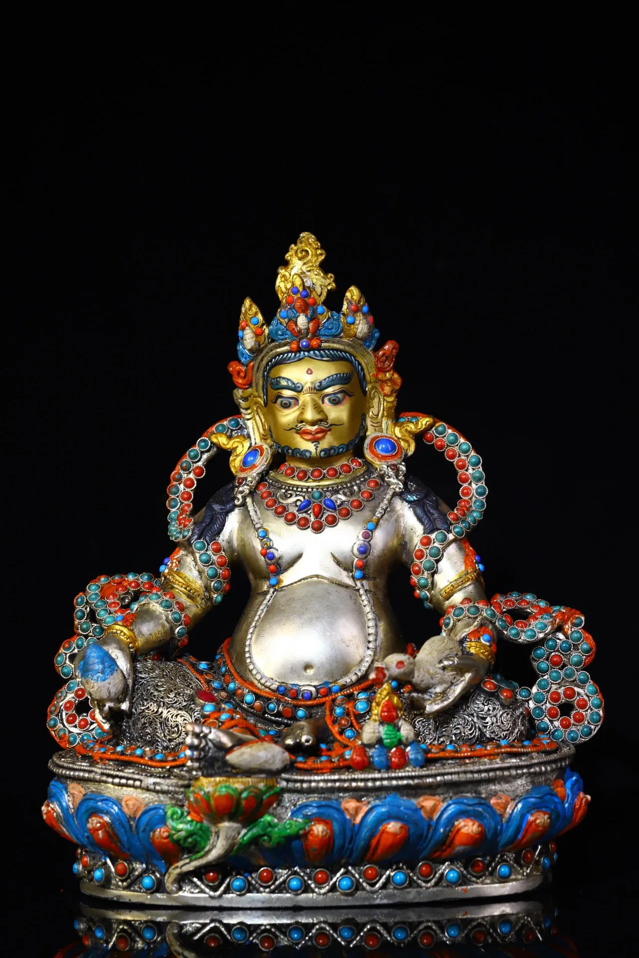 

9"Tibetan Temple Collection Old Bronze Outline in gold Mosaic Gem gZi Beads Yellow God of Wealth Buddha Worship Hall Town house