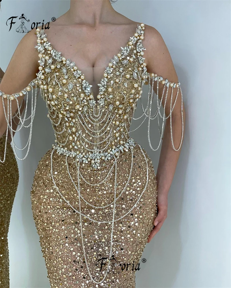 Luxus Perlen Quaste Ballkleider für Frauen Gold Strass Kristall Abend party Kleid Promi Zeremonie Perlen Vestidos