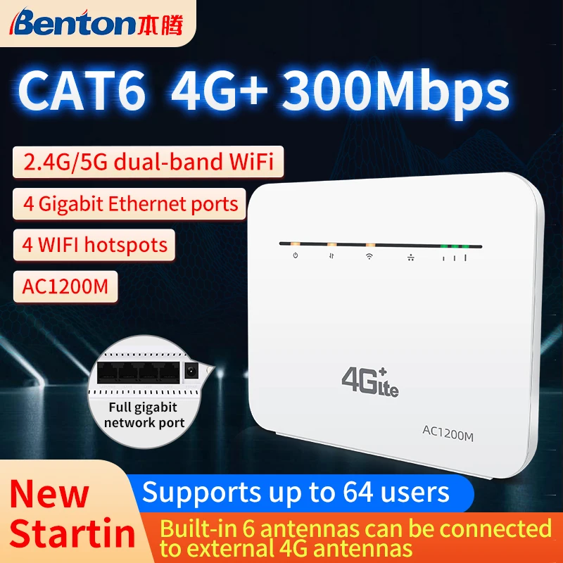 Benton 5GHz WiFi Router Dual Band 4G CAT6 LTE Router 1200Mbps WiFi Router Repeater VPN Modem 3G/4G SIM Card Router Gigabit Port