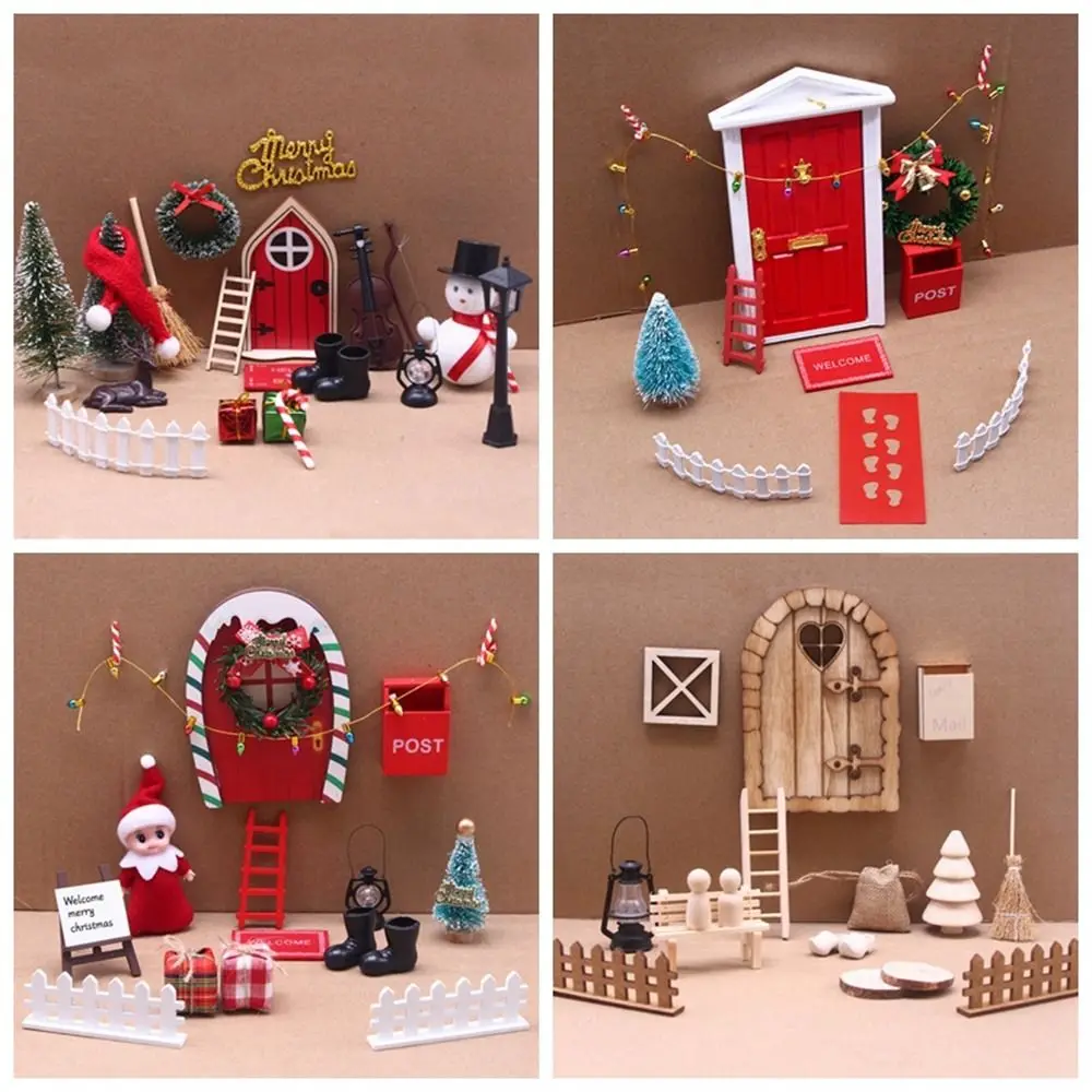 String Hat DollHouse Elf Kit Mini Tree Wreath Fairy House Scene Model Simulation Miniature Elf Door Christmas Decor