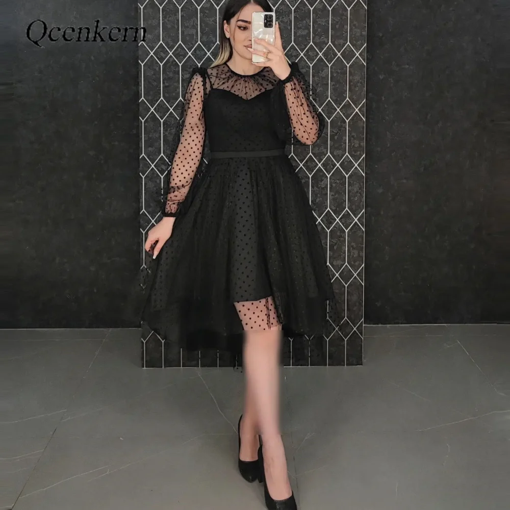 

O-Neck Dot Mesh Black A-Line Simple Evening Formal Knee Length Cocktail Occasion Dresses Puffy Sleeves Party Women Gown 2023