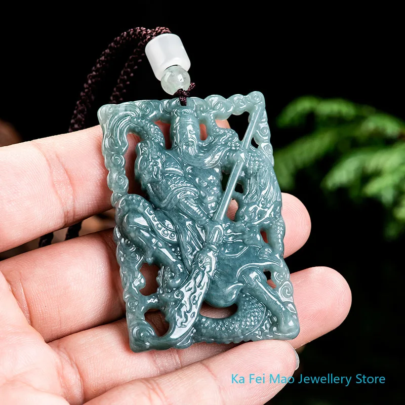 Myanmar Jade Blue Water Divine Dragon Guan Gong Lucky Martial God of Wealth Jade Pendant Men's Pendant Women's Jade Pendant