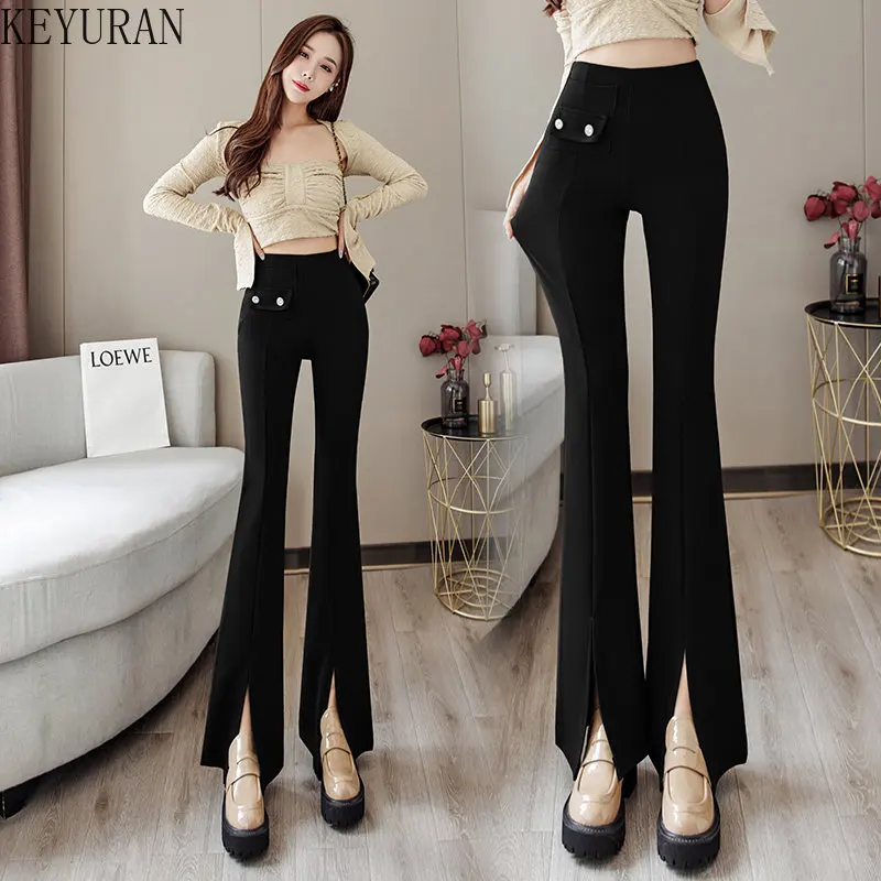 Jielur Split Zipper Buttons Women Trousers Korean Fashion Casual Office  Lady Black Flare Pants Female High Waist Long Pants S XL 220104 From 40,6 €