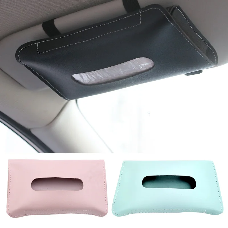 

1PC Tissue Box PU Leather Car Sun Visor Hanging Holder Car Tissue Boxes Auto Interior Storage Decoration Accessories