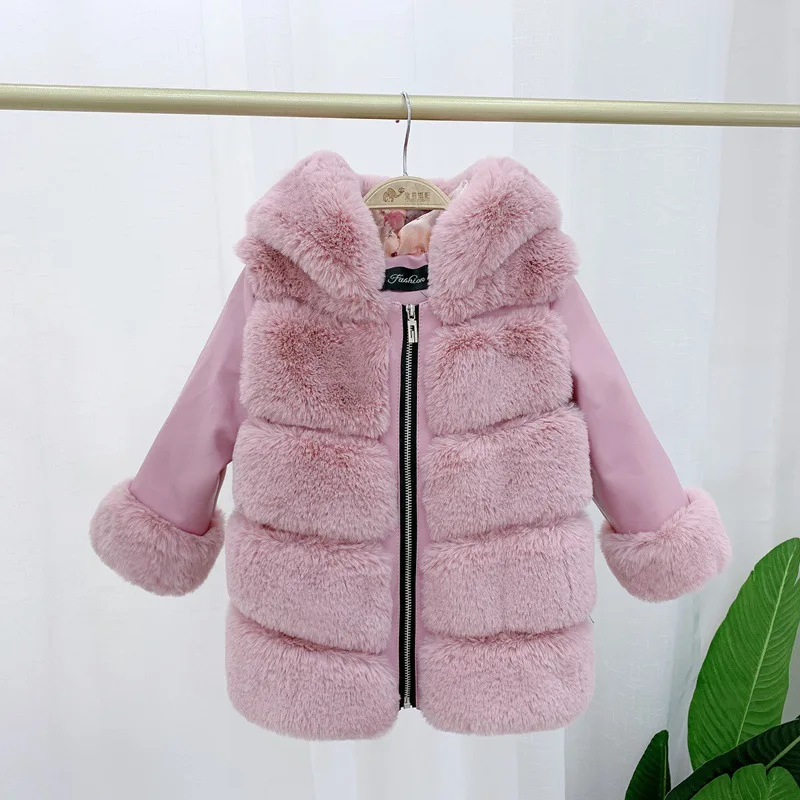 

2023 Autumn and Winter Children's Cotton Wear Korean Style Boys and Girls Hooded Imitation Fur Coat Short Baby Furry Sweater