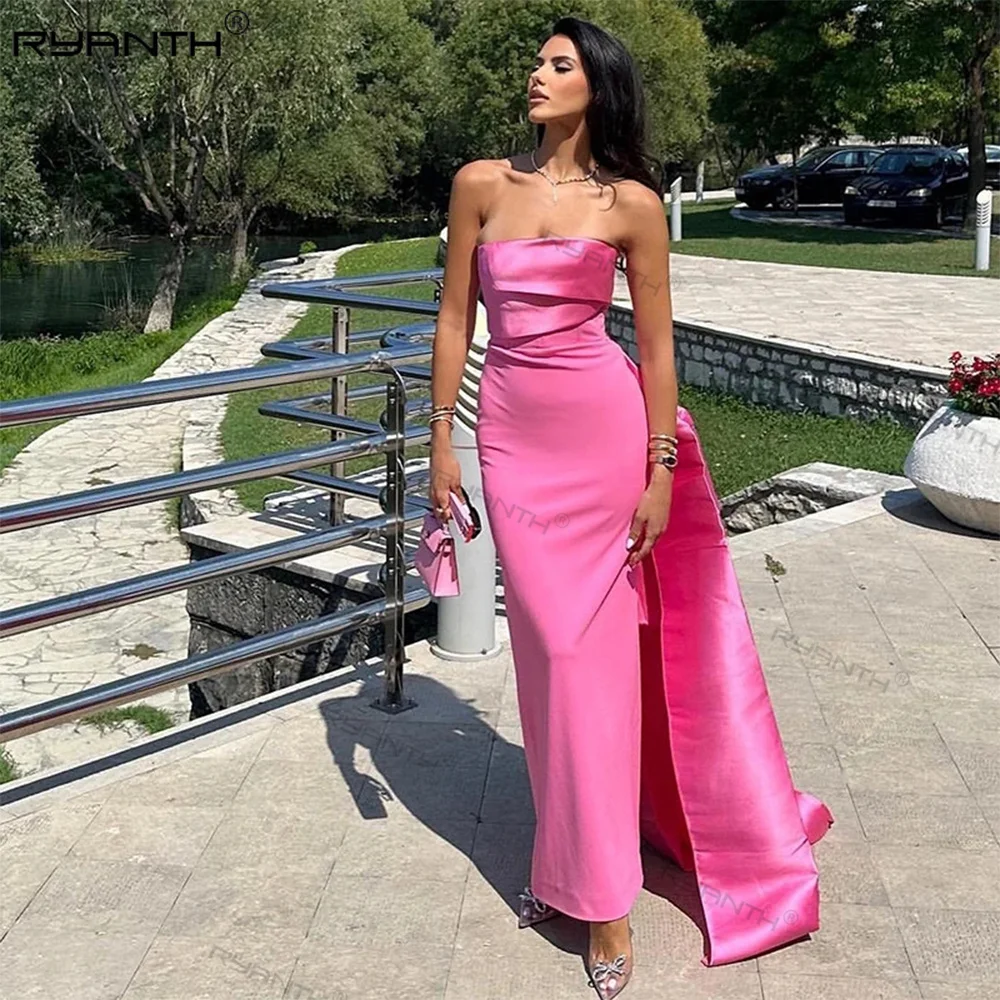 

Ryanth Pink Mermaid Prom Dresses Strapless Ruched Satin High Split Sexy Evening Party Dress Corset Perform Celebrity Dress