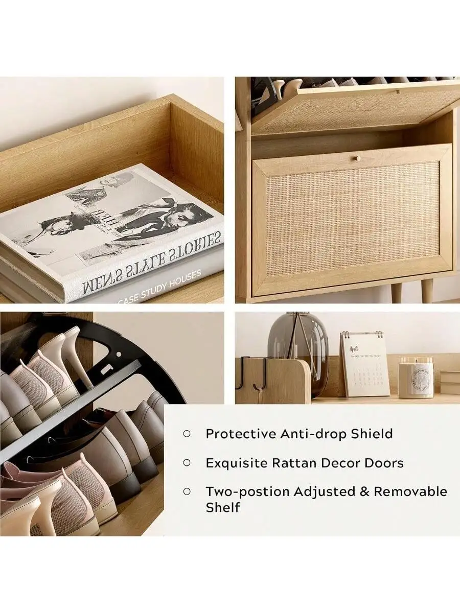 Rattan Storage Shoe Cabinet with 2 Flip Drawers Farmhouse Freestanding Organizer with Wooden Legs Boho Hidden Narrow Sho 3