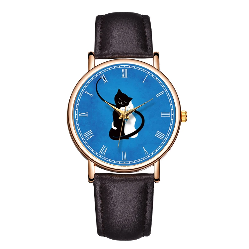 Fashion Quartz Watch For Girl Casual Blue Background White And Black Cat Wristwatch Cartoon Waterproof Real Leather Watch 3