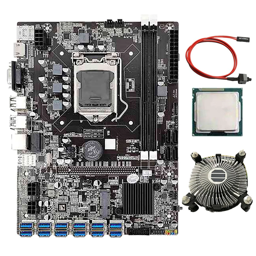 B75 BTC Mining Motherboard with G530/G630 CPU+Fan+Switch Cable 12 USB3.0 to PCIE GPU Slot LGA1155 DDR3 RAM SATA3.0+MSATA best motherboard for video editing