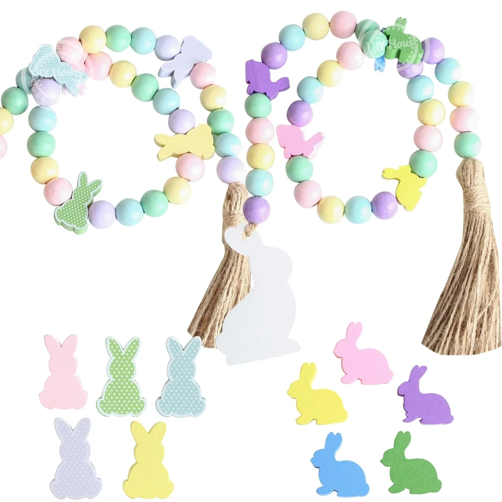 1pack Wooden Beads String Pendants Easter Rabbit Egg Beads With Tassel