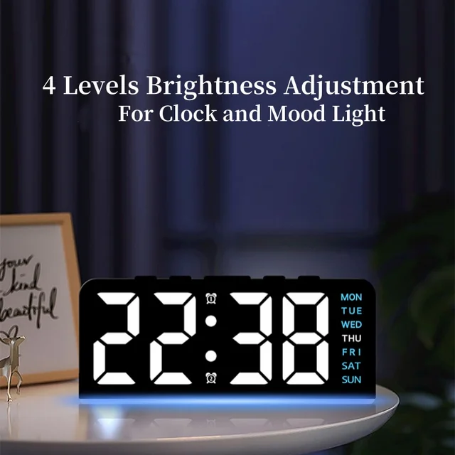 Sveglia digitale alimentata tramite USB con luce d'atmosfera Doppio sveglia Snooze Orologio da tavolo 4 livelli di luminosità Orologio elettronico a LED 12/24 ore 5