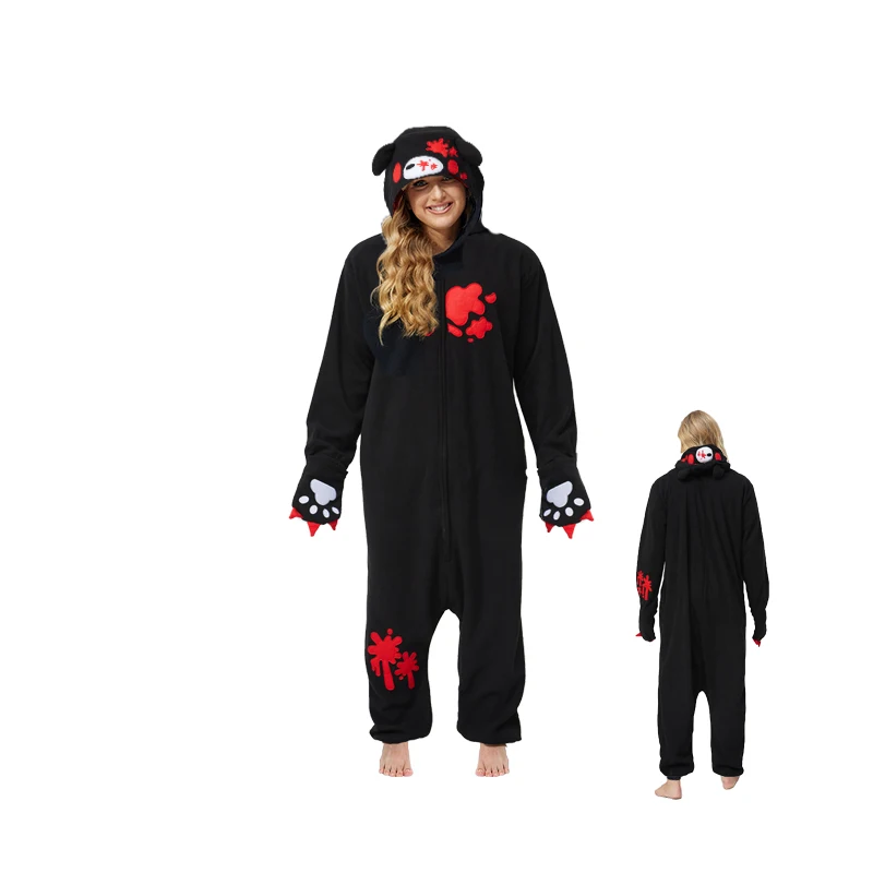 New Black And Pink Blood Bear Women Cosplay Costume Wool Animal Onesie Pajamas Adult Pajamas Halloween Party