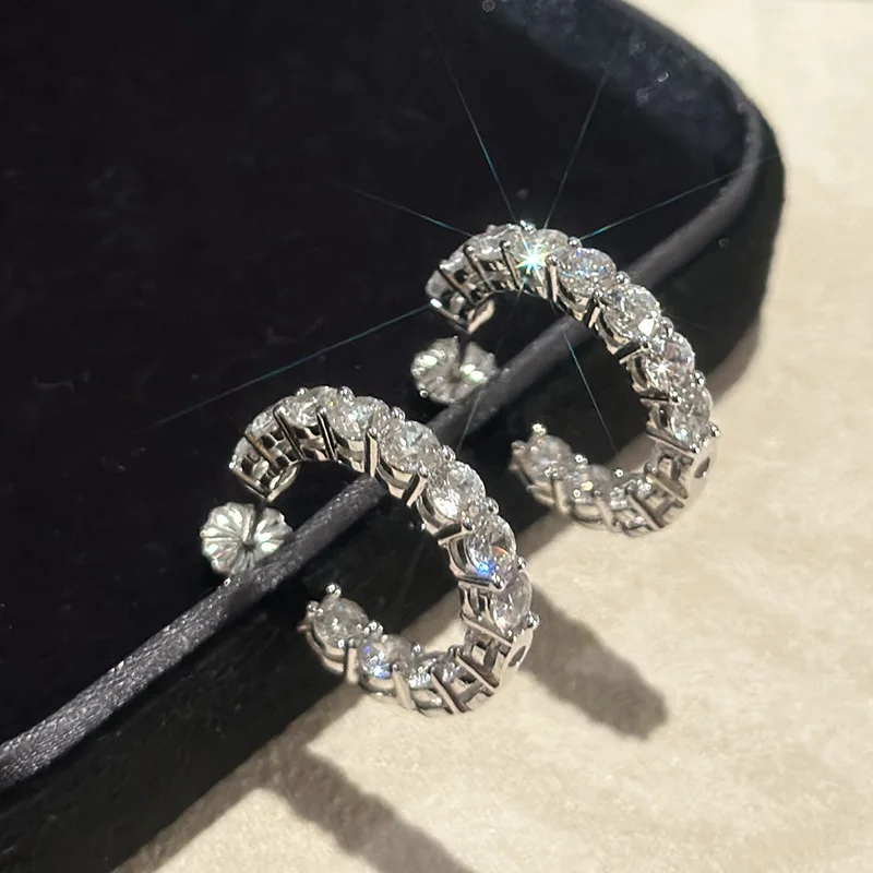 

S925 Sterling Silver Single Row Zircon Half Circle Earrings For Women Luxury Jewelry