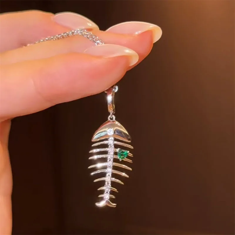 Fashion trendy green diamonds necklace accessories high-end simple and unique luster fishbone collares chain party jewelry gifts - 3