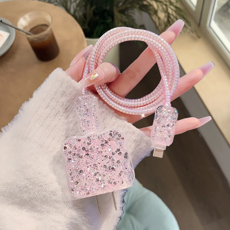 Glitter Pink 18W/20W Phone Charger USB Cable Winder Protective Case Cover Protector Soft TPU For IPhone 13 14 15