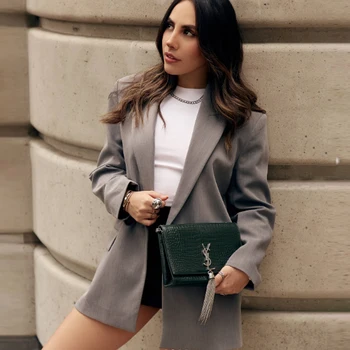 سترة نسائية من HXAO ملابس مكتبية سترة سوداء للأعمال سترة طويلة فضفاضة غير رسمية مزدوجة الصدر سترة رمادية 3