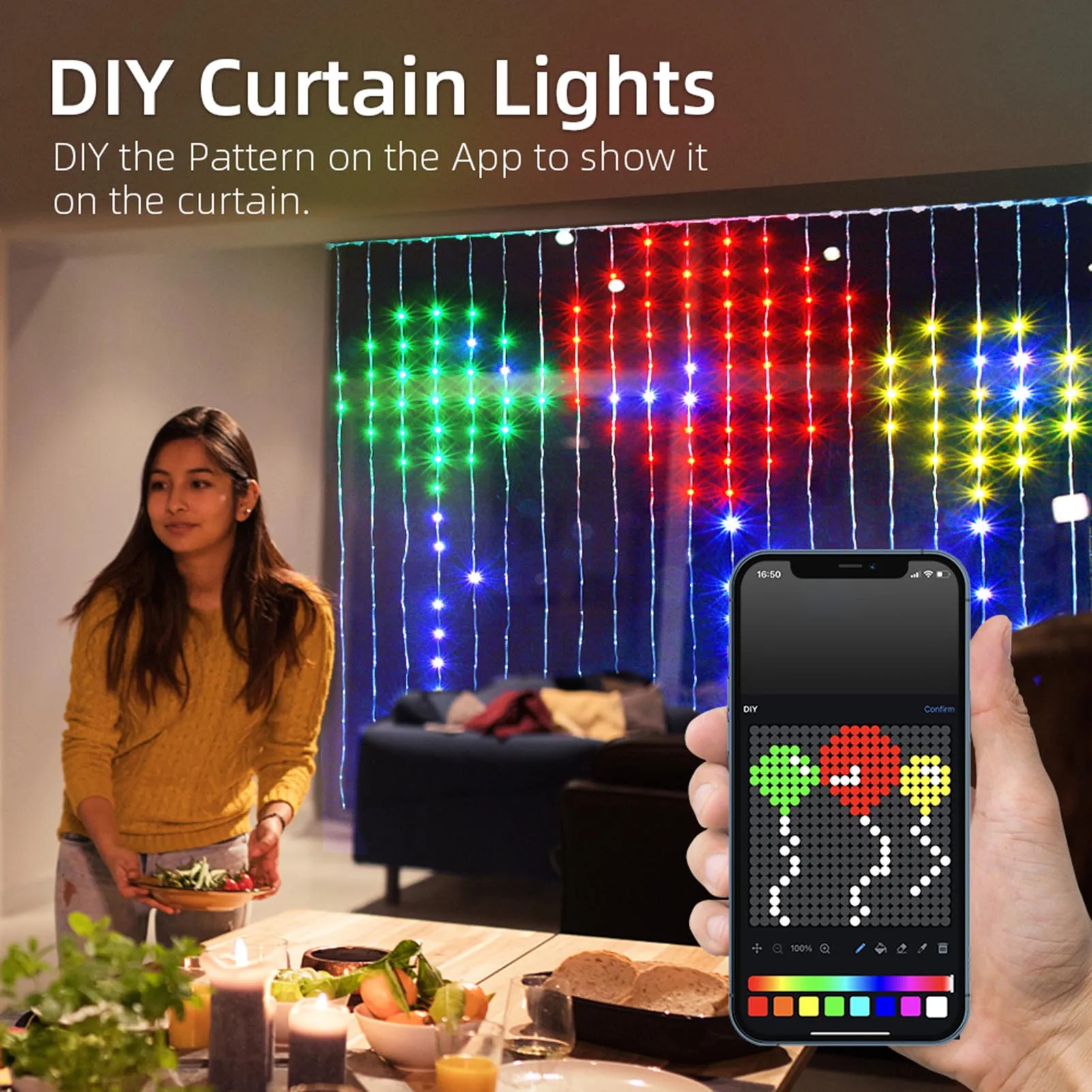 USB Remote Control String Lights Music Sync Dynamic Curtain Lights for Backdrop Wall Bedroom Decor Xuan-US