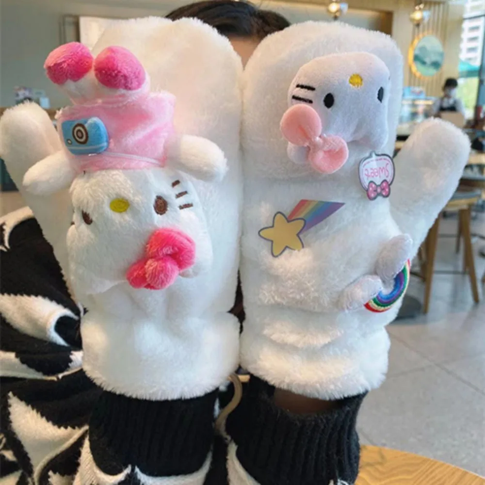 

Hello Kitty Plush Gloves Kawaii Winter Thickened Plush Insulation Keep Warm Cotton Finger Tied Neck Cycling Gloves for Children