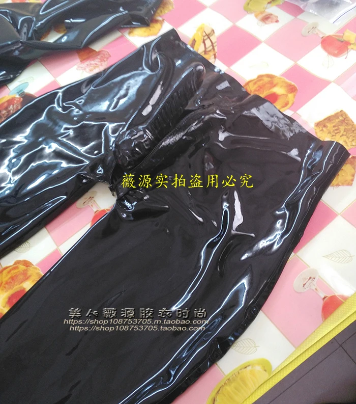 Men's Latex Leggings Pants Skinny Rubber Trousers with Penis Anus Condom Zip