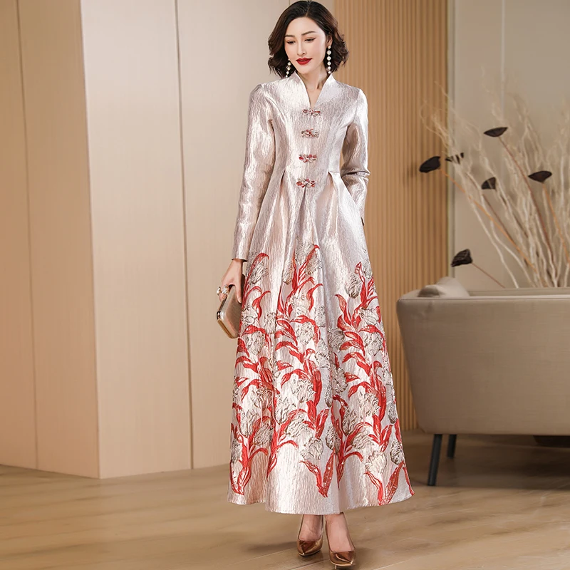 ワンピース Floral Cut Jacquard Sleeves A-Line Dress Set-D40NY23277-11631678-