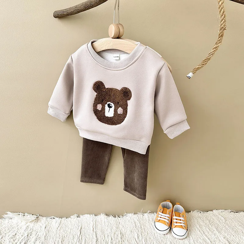 Cute Bear Fleece Baby Hoodie Pants Set