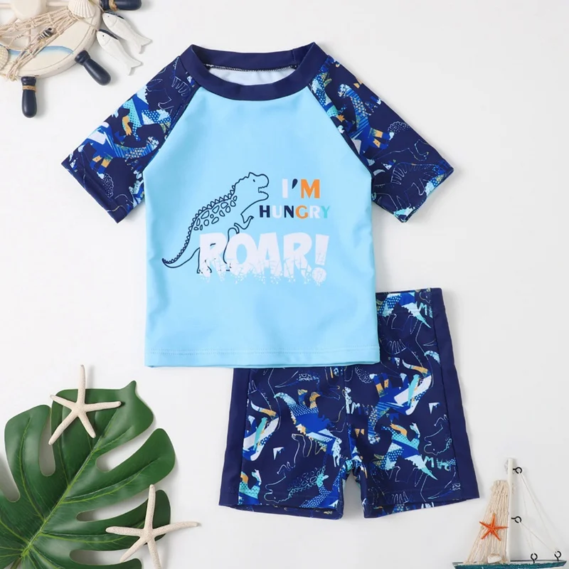 

Kids Boy Swimsuit Cartoon Dinosaur Print Blouse+Full Printed Short Toddler Child Split Bathing Suit Short Sleeve Swimming Set