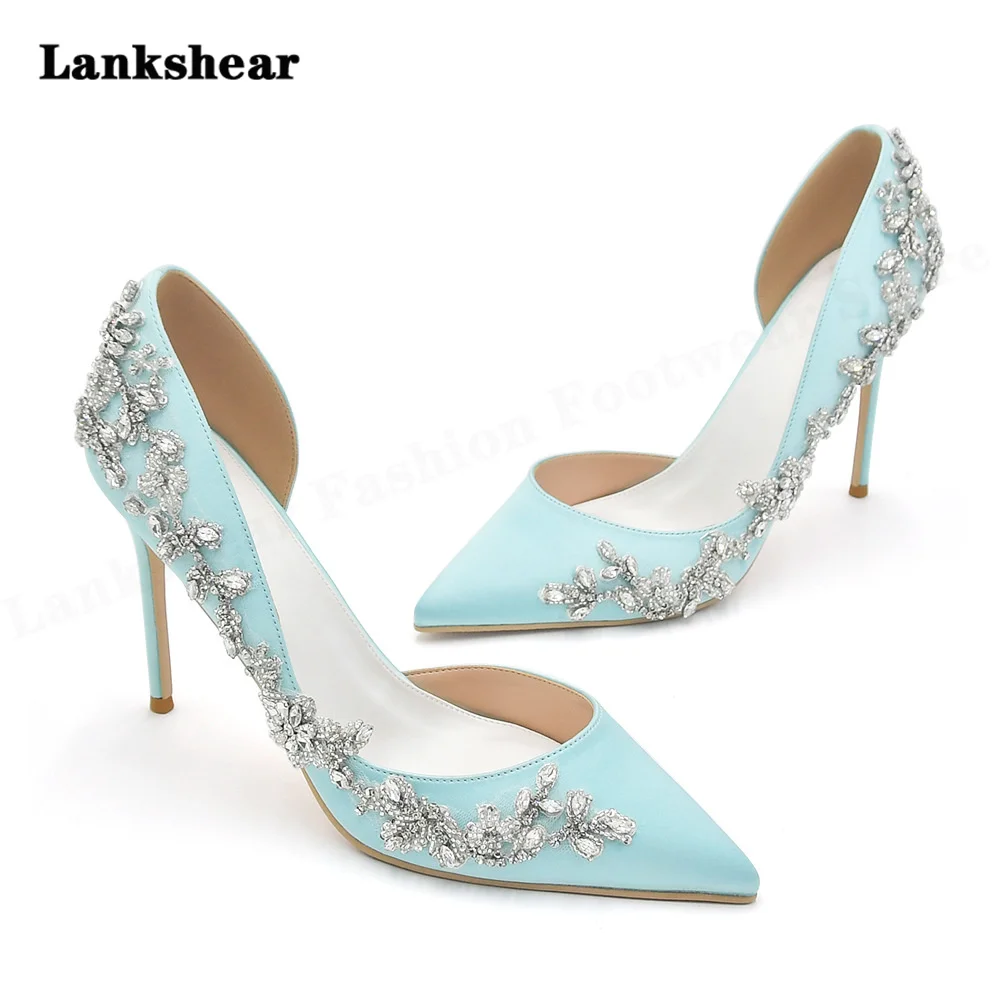 

Shallow Blue Women Stiletto High Heels Shoes Cutouts Pointed Toe Celebrating Party Dress Shoes Wedding High Heels