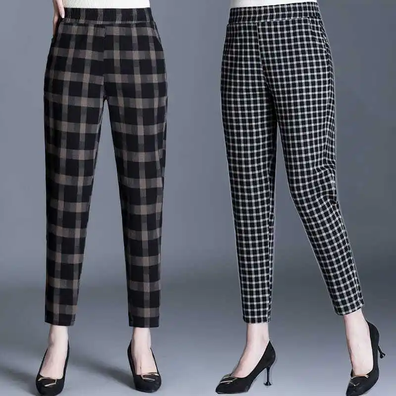 

Клетчатые комбинезоны, женские спортивные повседневные Прямые брюки с высокой талией, свободные универсальные шаровары, корейская мода, уличная одежда T11