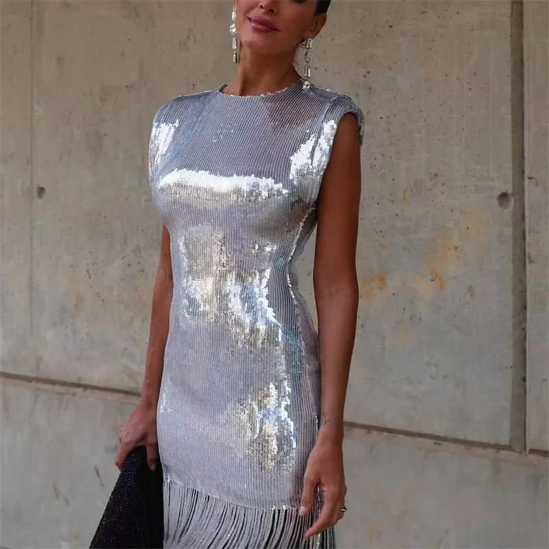 

Woman Fashion Slivery Slim Tassel Short Dress 2023 Autumn Female Shiny Sequined Party Mini Dresses Ladies High Street Tank Dress