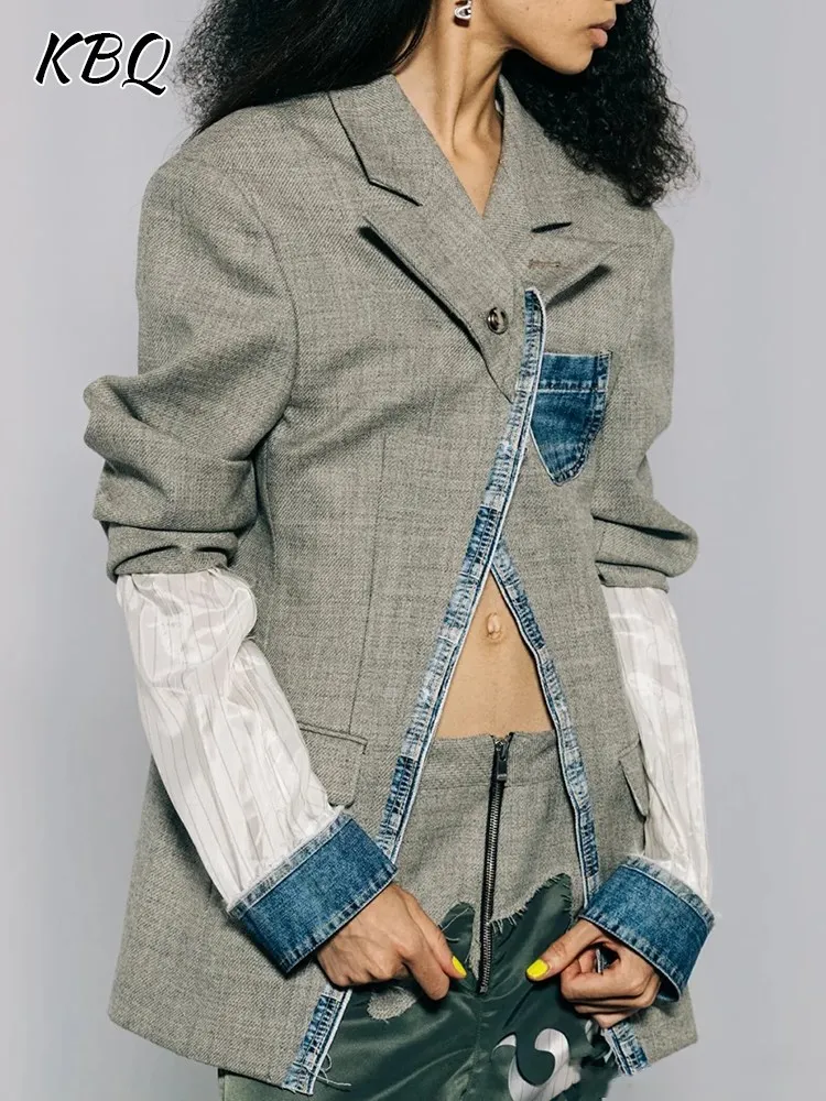 KBQ Chic Colorblock Blazer For Women Notched Collar Long Sleeve Patchwork Denim Split Casual Blazers Female Autumn Fashion Style