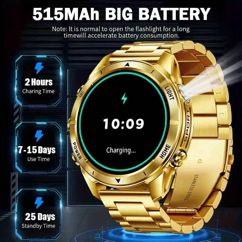 새로운 야외 스포츠 스마트워치 남성용 1.46인치 IPS 스크린 LED 플래시라이트 515mAh 배터리 10ATM 방수 블루투스 통화 스마트워치
