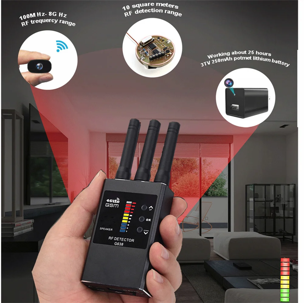 G638 Anti Spy Wireless RF Signal Detector Bug GSM GPS Tracker Hidden Camera Eavesdropping Device Military Professional Version hidden camera detector signal detector