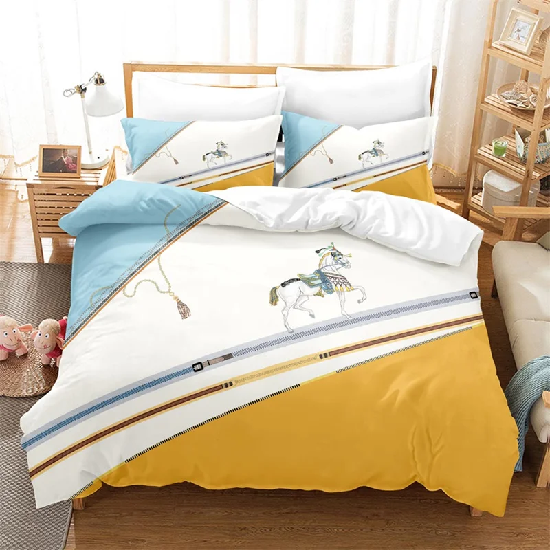 Luxury Plaid Geometric Horse Print Bedding Set Modern Concise Duvet Cover with Pillowcases Queen King Size Bedroom Decor for Kid